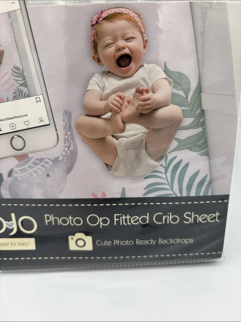 Nono Photo Op Fitted 100% Cotton Crib Sheet - White with Gold Crown Elephant